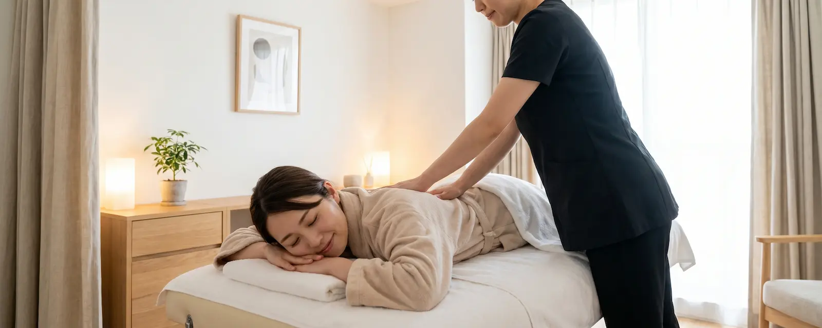 マッサージで腰痛を一時的にケアしている女性