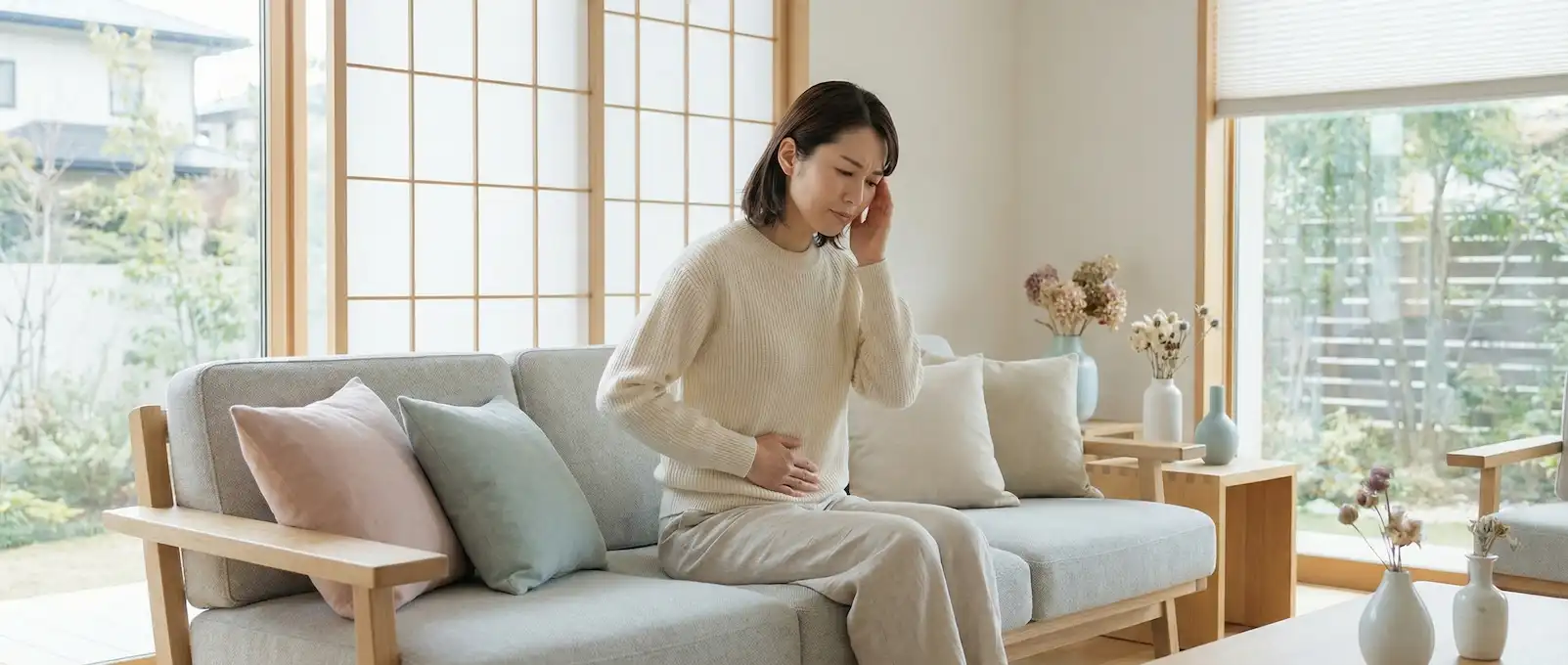 PMSの症状として気分の落ち込みや腹痛を感じる女性