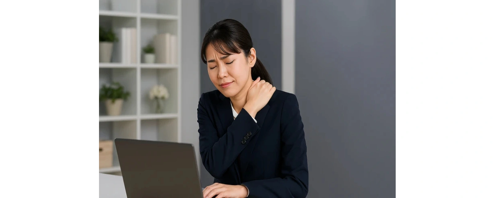 肩こりに悩んで肩を押さえる女性の姿